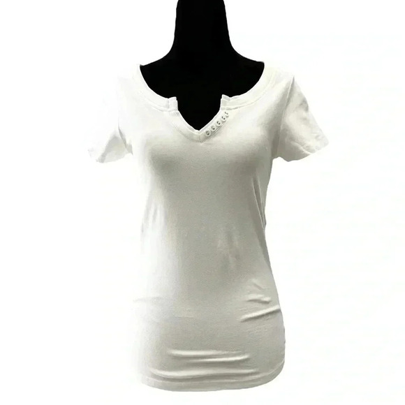 Ricki’s Fitted T- Shirt White Short Sleeve Stretch Cotton V Neck Tee XS - Picture 1 of 14